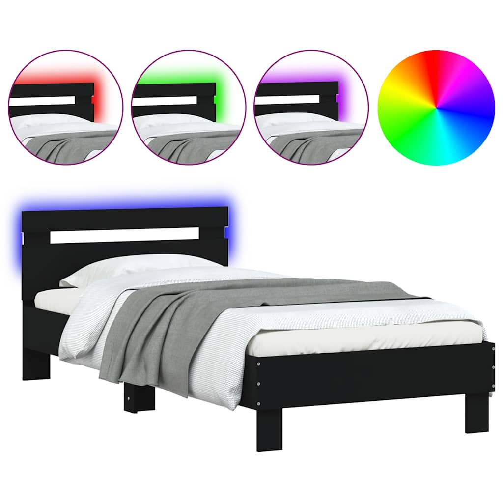 vidaXL Rama łóżka z wezgłowiem i LED, czarna, 75x190 cm