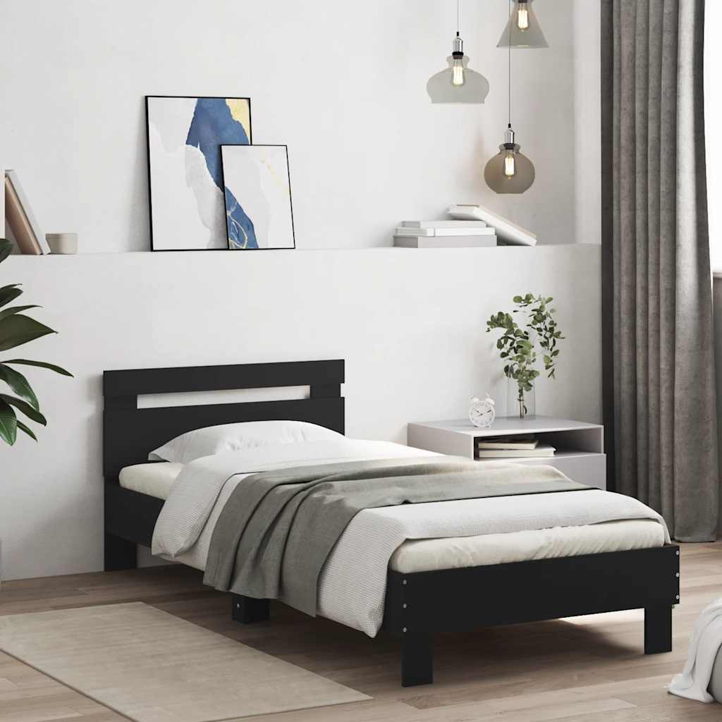 vidaXL Rama łóżka z wezgłowiem i LED, czarna, 75x190 cm