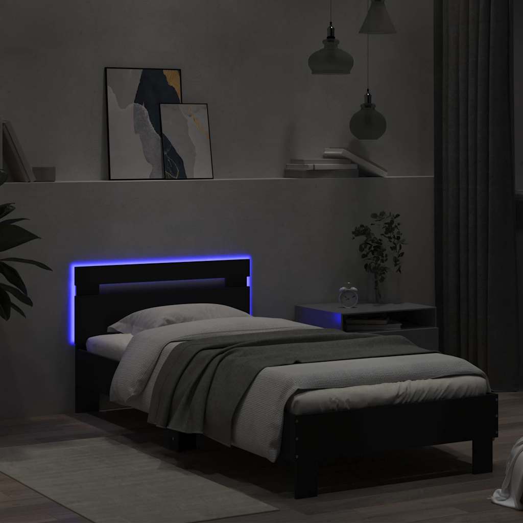 vidaXL Rama łóżka z wezgłowiem i LED, czarna, 75x190 cm