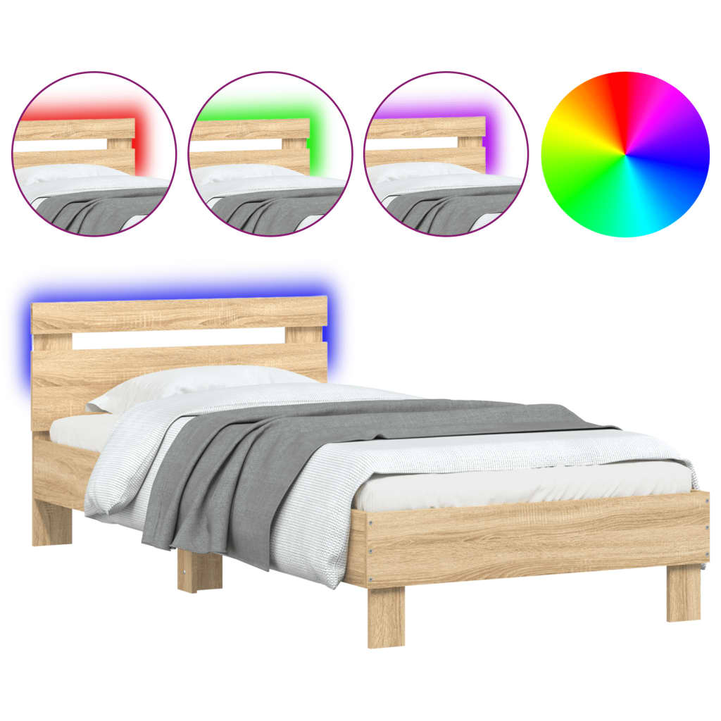 vidaXL Rama łóżka z wezgłowiem i LED, dąb sonoma, 75x190 cm