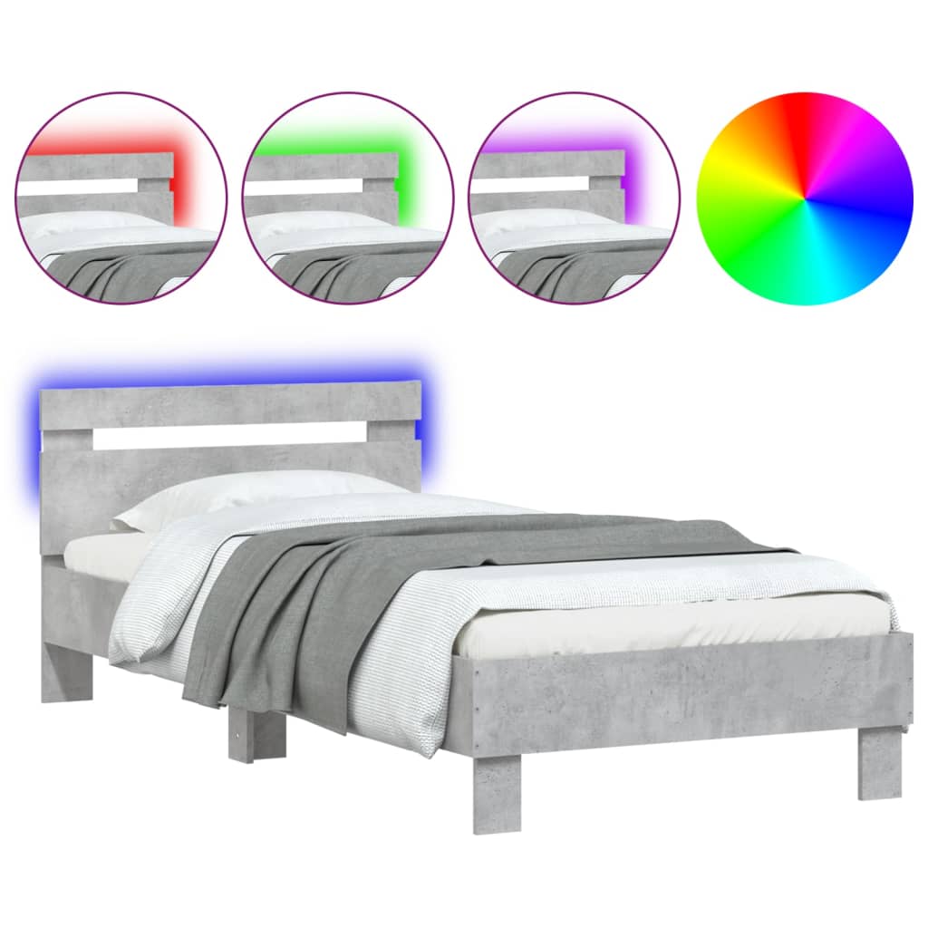 vidaXL Rama łóżka z wezgłowiem i LED, szarość betonu, 75x190 cm