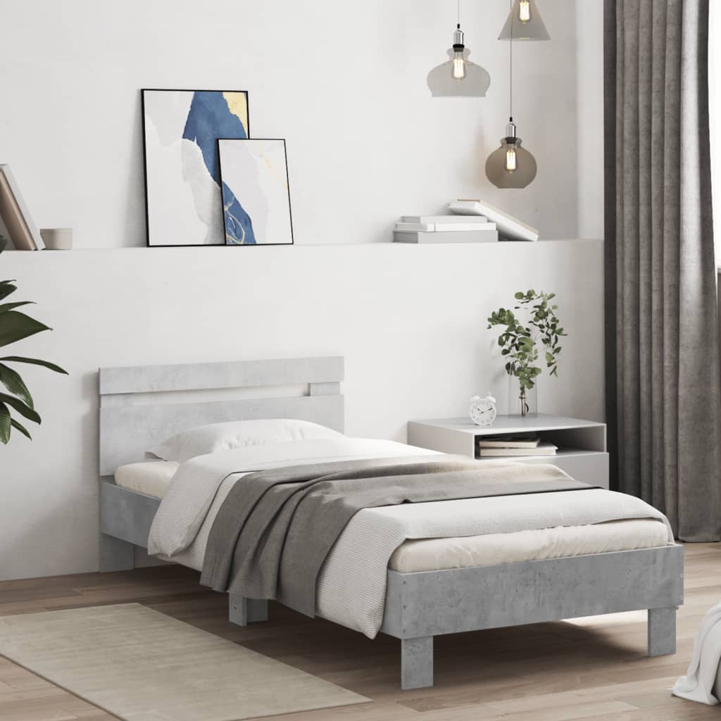 vidaXL Rama łóżka z wezgłowiem i LED, szarość betonu, 75x190 cm