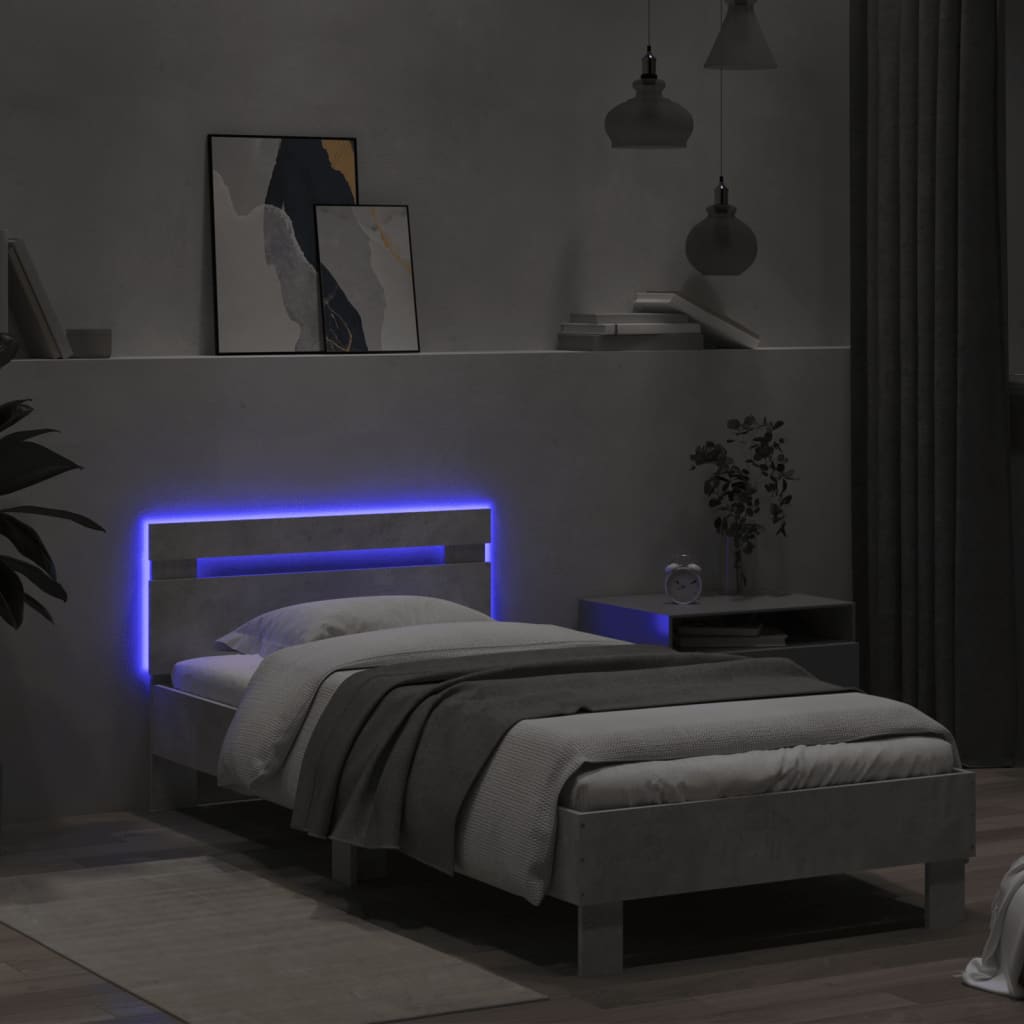 vidaXL Rama łóżka z wezgłowiem i LED, szarość betonu, 75x190 cm