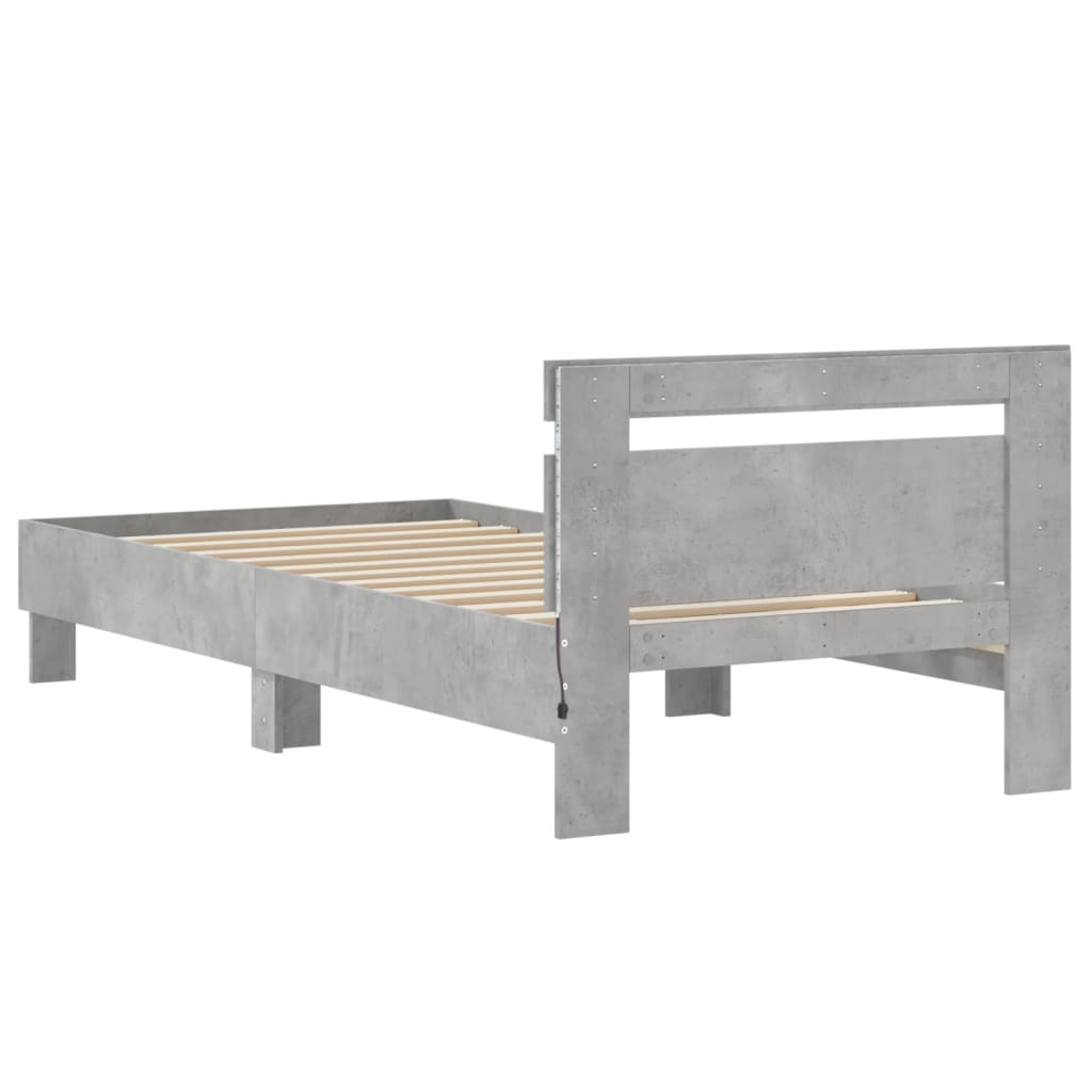 vidaXL Rama łóżka z wezgłowiem i LED, szarość betonu, 75x190 cm