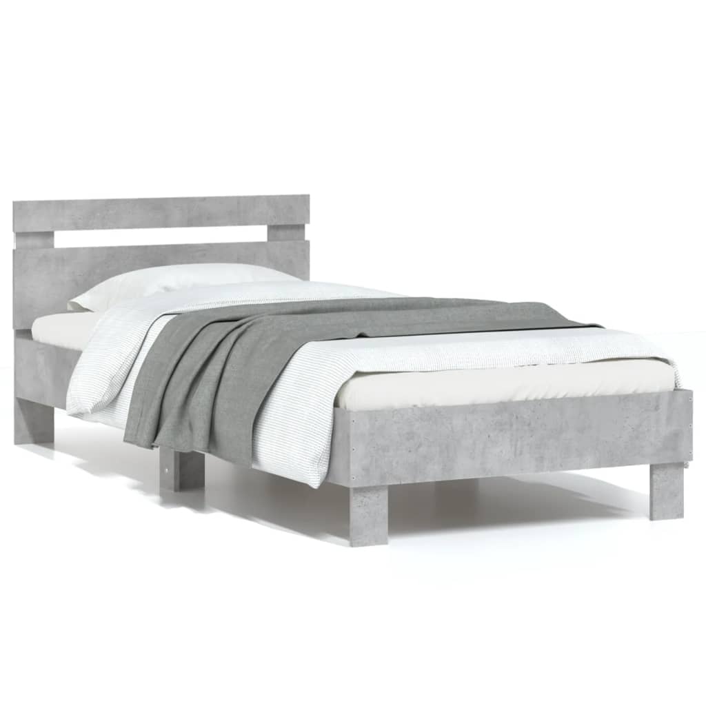 vidaXL Rama łóżka z wezgłowiem i LED, szarość betonu, 75x190 cm