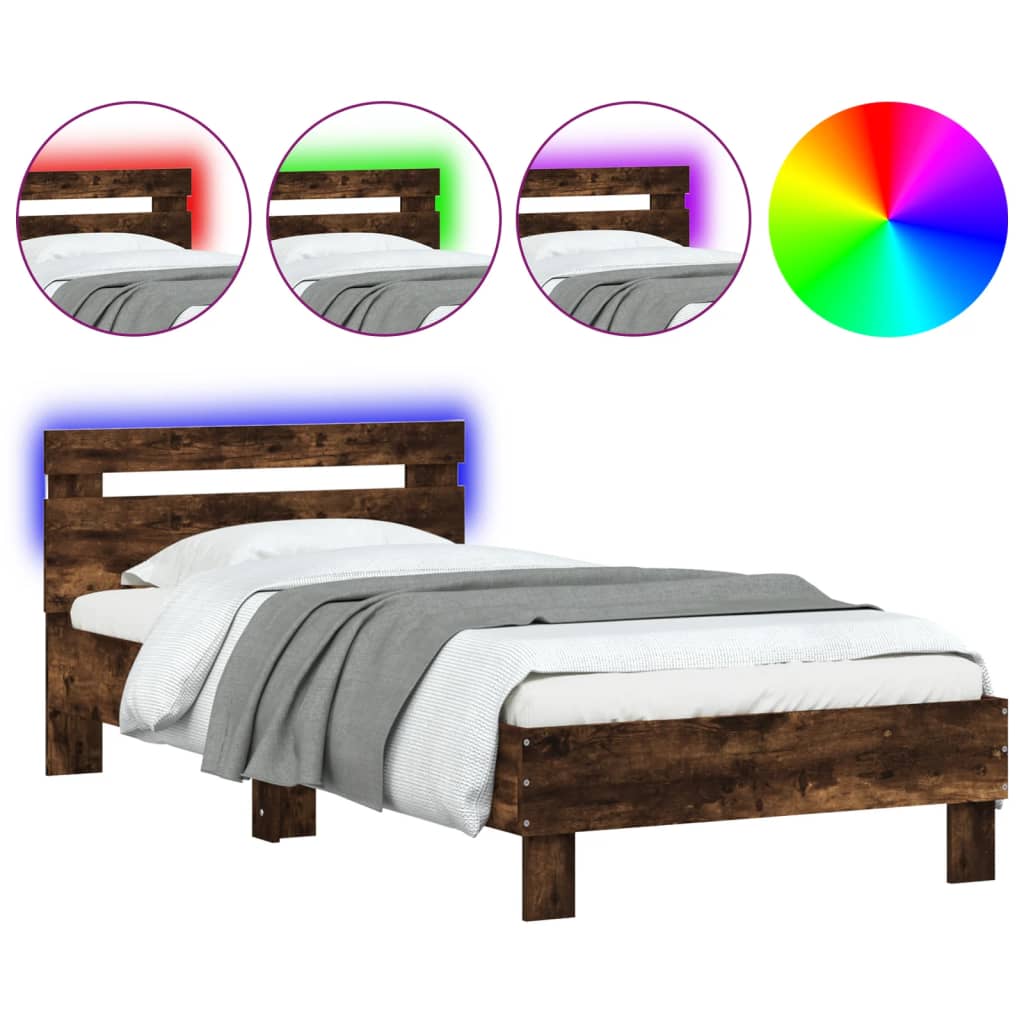 vidaXL Rama łóżka z wezgłowiem i LED, przydymiony dąb, 75x190 cm