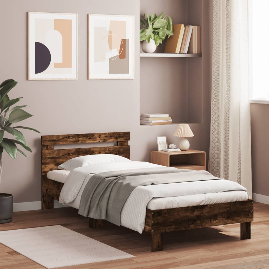 vidaXL Rama łóżka z wezgłowiem i LED, przydymiony dąb, 75x190 cm