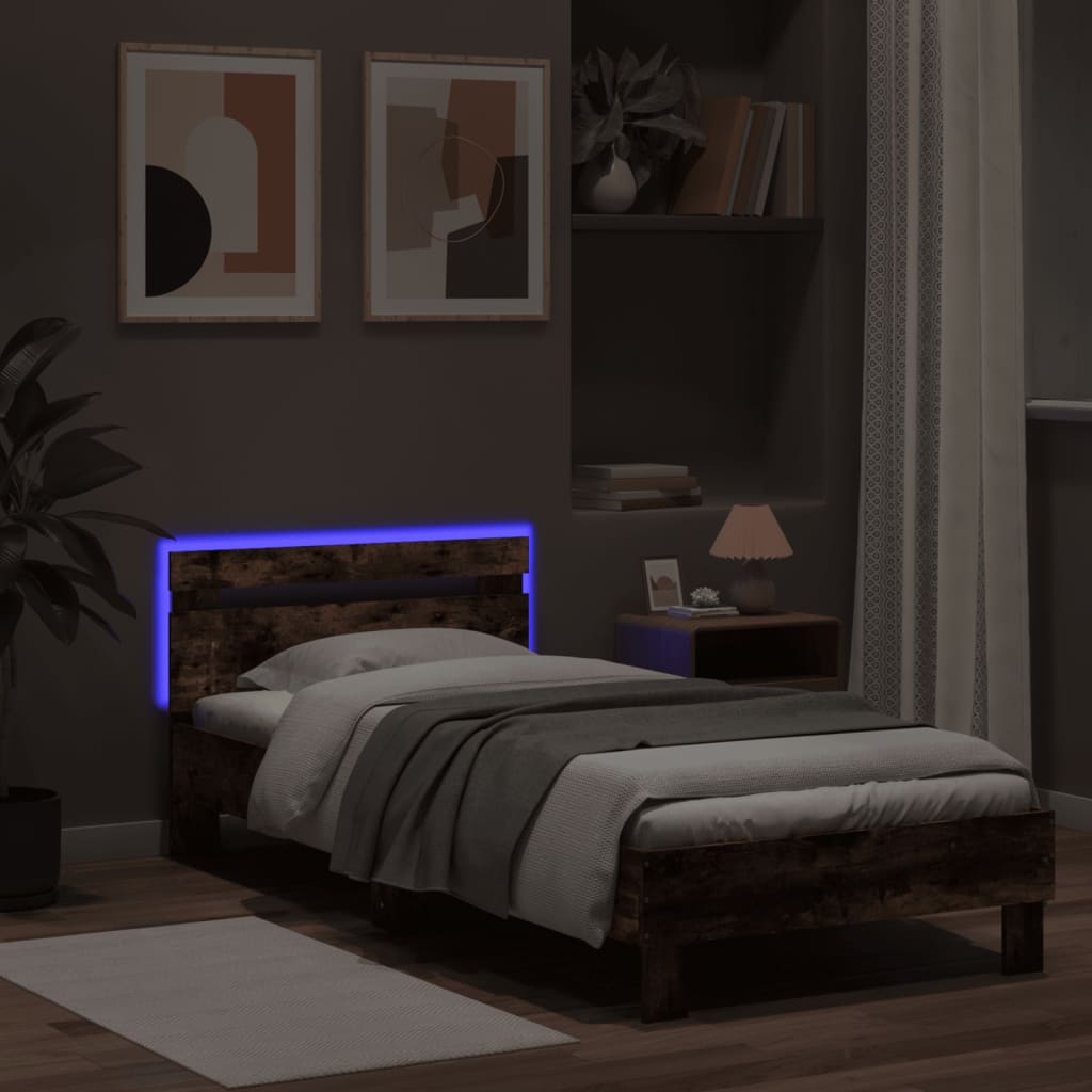 vidaXL Rama łóżka z wezgłowiem i LED, przydymiony dąb, 75x190 cm