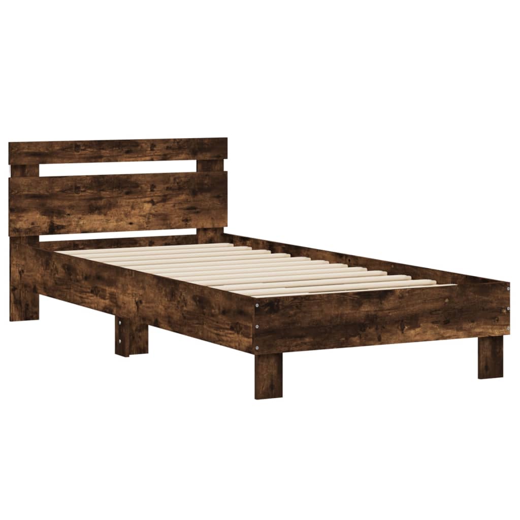 vidaXL Rama łóżka z wezgłowiem i LED, przydymiony dąb, 75x190 cm