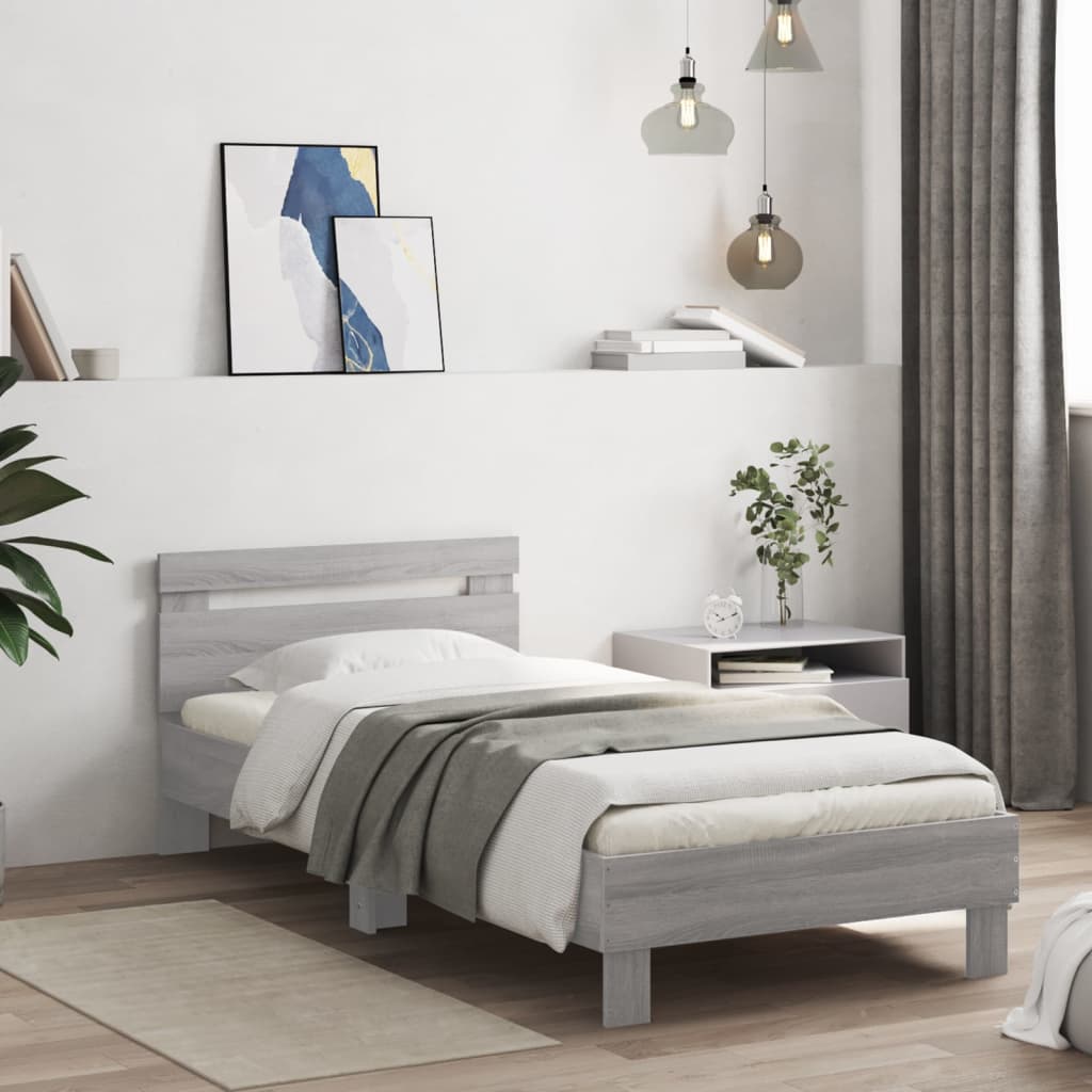 vidaXL Rama łóżka z wezgłowiem i LED, szary dąb sonoma, 75x190 cm