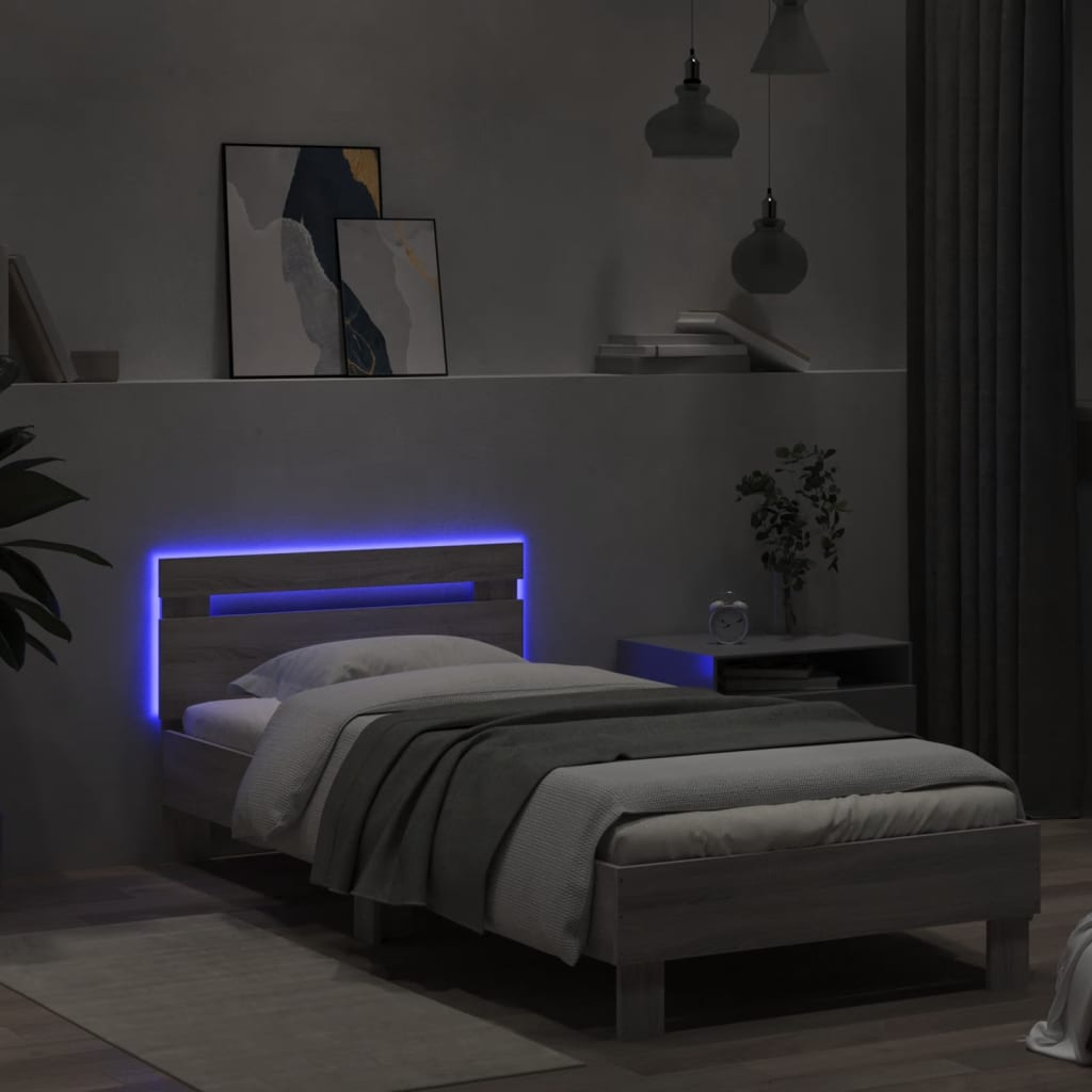 vidaXL Rama łóżka z wezgłowiem i LED, szary dąb sonoma, 75x190 cm
