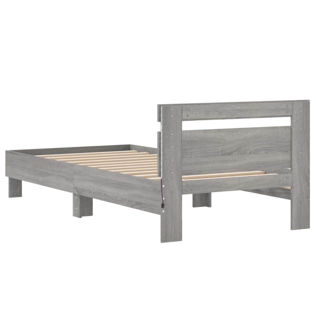 vidaXL Rama łóżka z wezgłowiem i LED, szary dąb sonoma, 75x190 cm