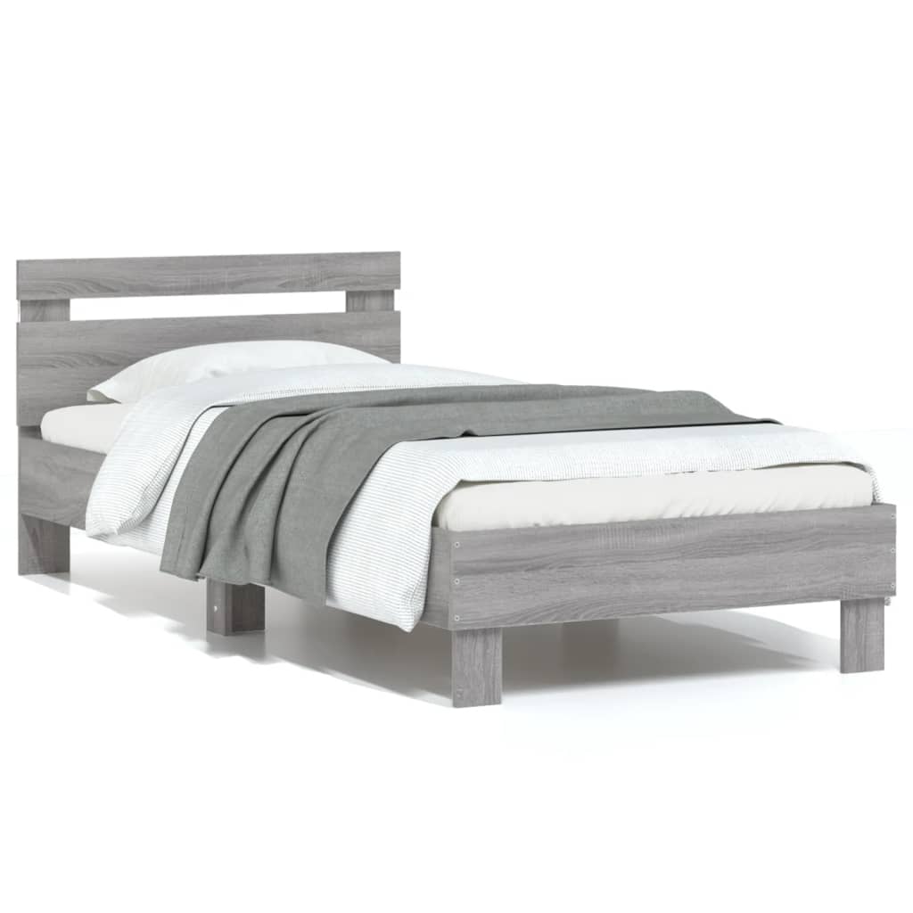 vidaXL Rama łóżka z wezgłowiem i LED, szary dąb sonoma, 75x190 cm
