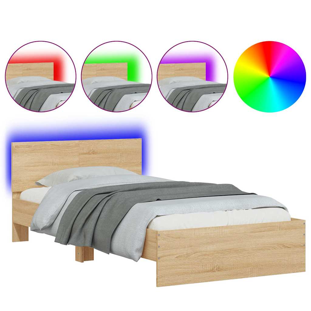 vidaXL Rama łóżka z wezgłowiem i LED, dąb sonoma, 100x200 cm