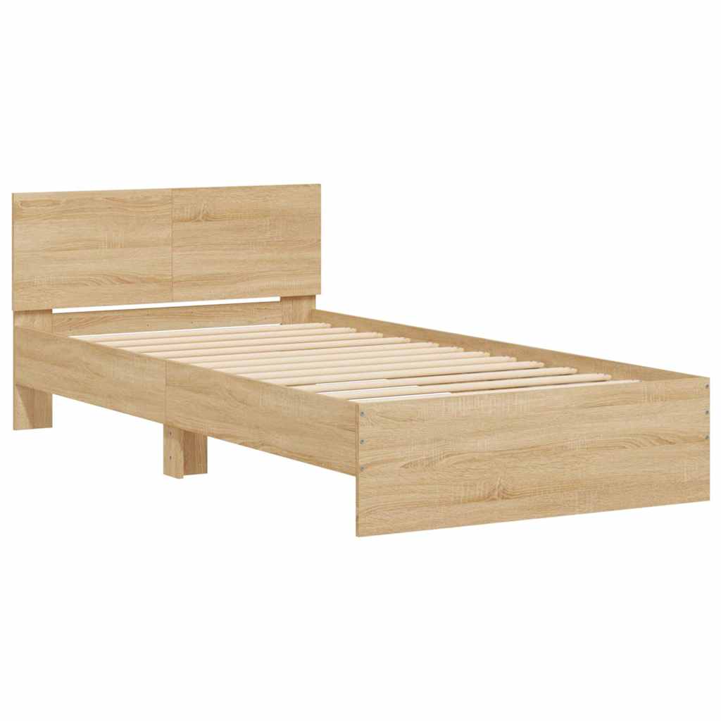 vidaXL Rama łóżka z wezgłowiem i LED, dąb sonoma, 100x200 cm