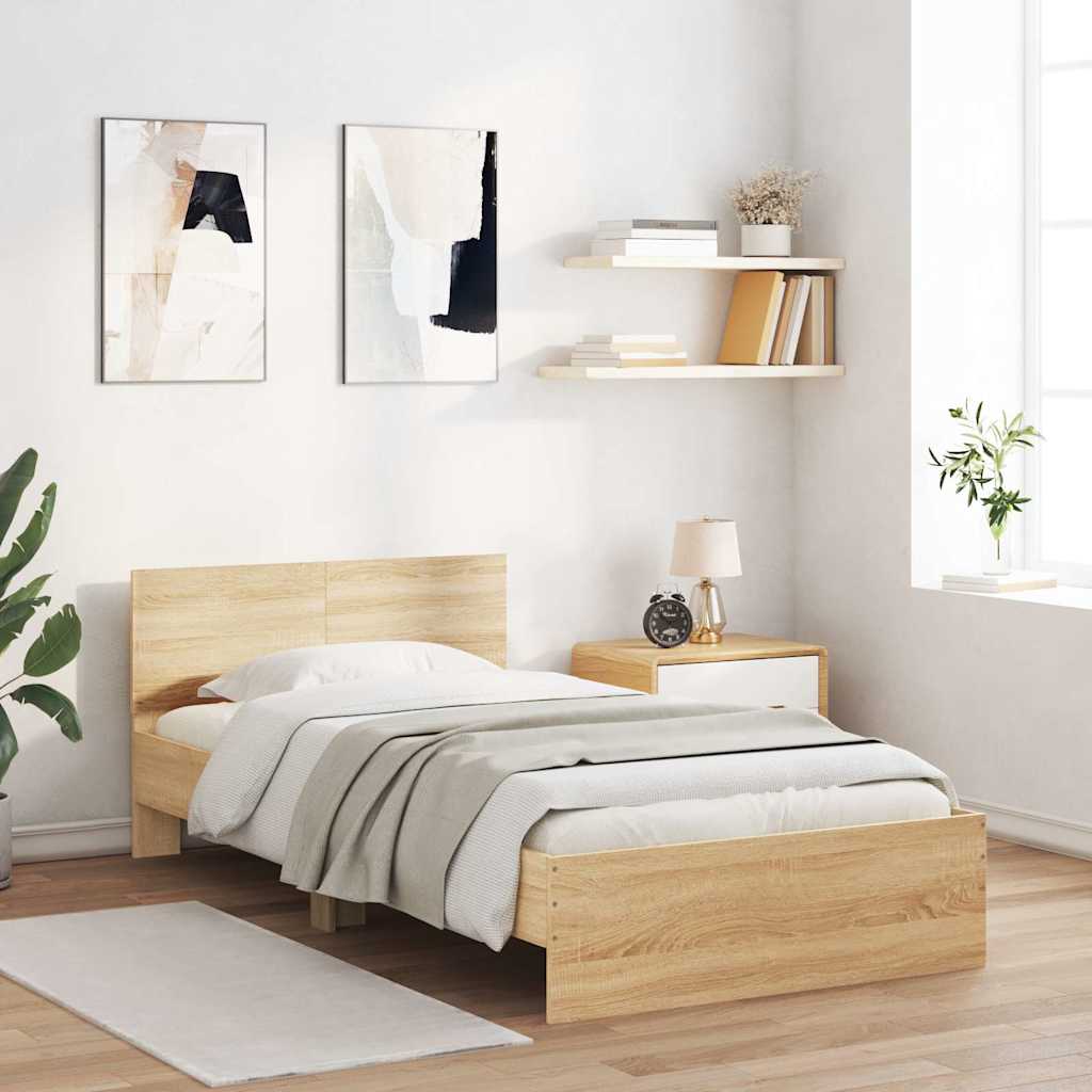 vidaXL Rama łóżka z wezgłowiem i LED, dąb sonoma, 100x200 cm