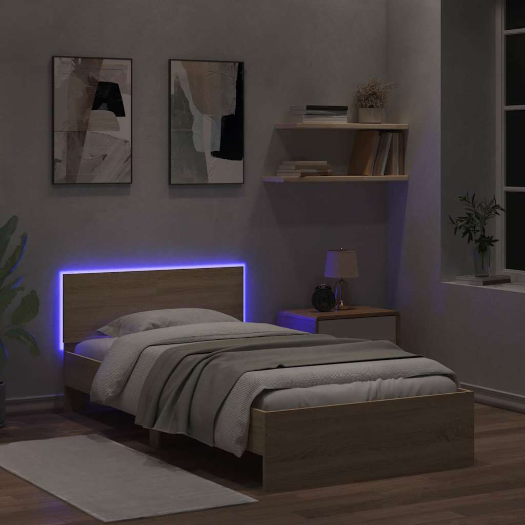 vidaXL Rama łóżka z wezgłowiem i LED, dąb sonoma, 100x200 cm
