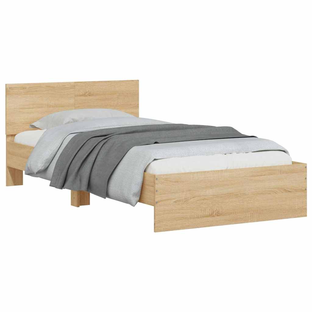 vidaXL Rama łóżka z wezgłowiem i LED, dąb sonoma, 100x200 cm