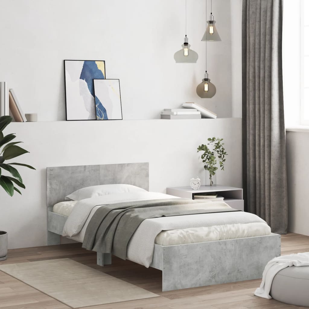 vidaXL Rama łóżka z wezgłowiem i LED, szarość betonu, 100x200 cm