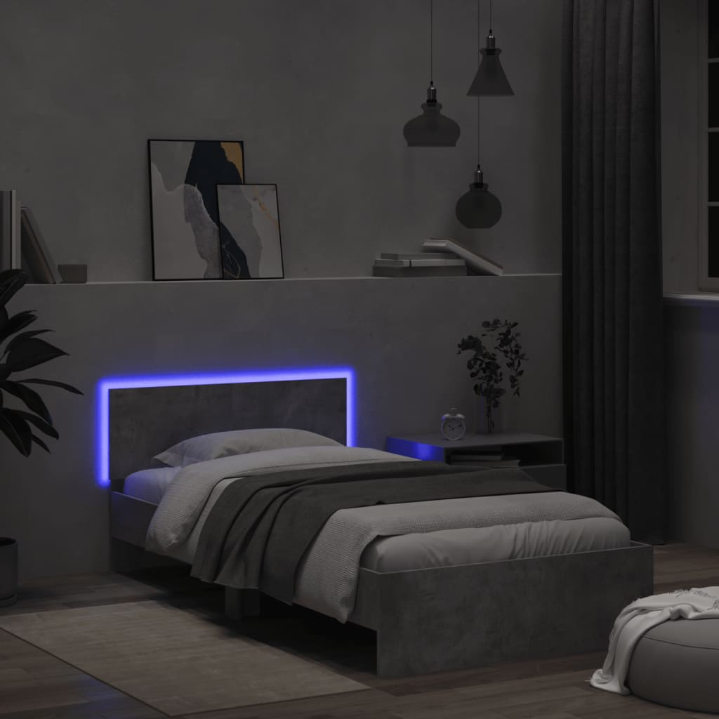 vidaXL Rama łóżka z wezgłowiem i LED, szarość betonu, 100x200 cm