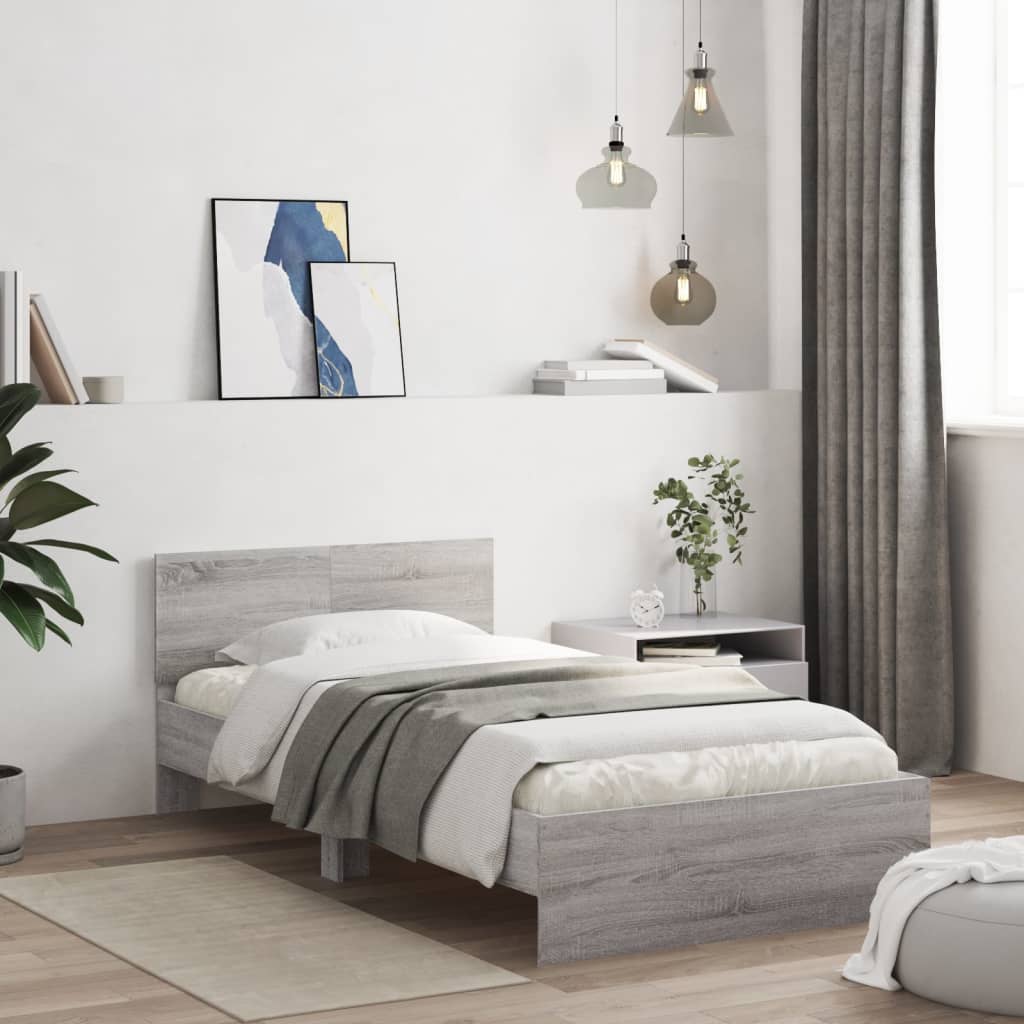vidaXL Rama łóżka z wezgłowiem i LED, szary dąb sonoma, 100x200 cm