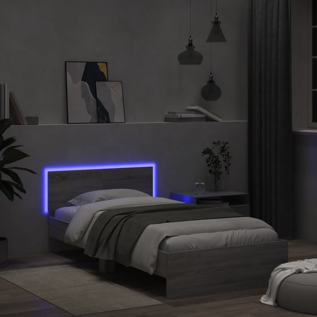 vidaXL Rama łóżka z wezgłowiem i LED, szary dąb sonoma, 100x200 cm