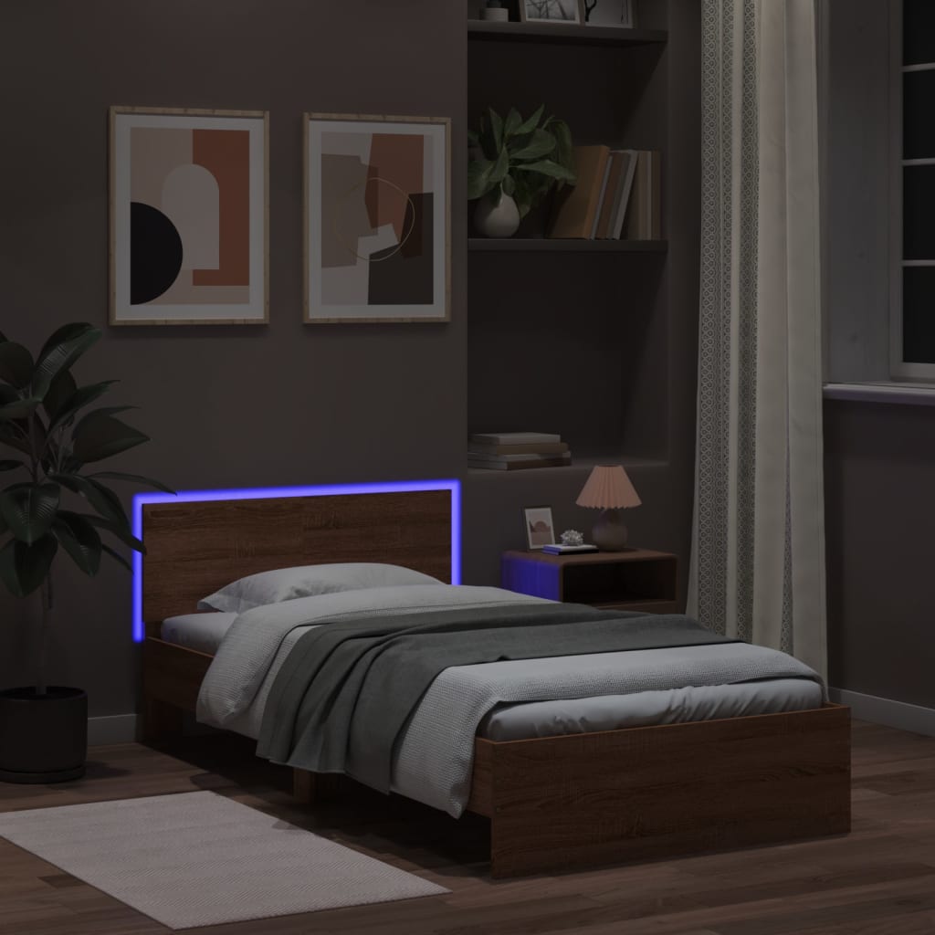 vidaXL Rama łóżka z wezgłowiem i LED, brązowy dąb, 100x200 cm