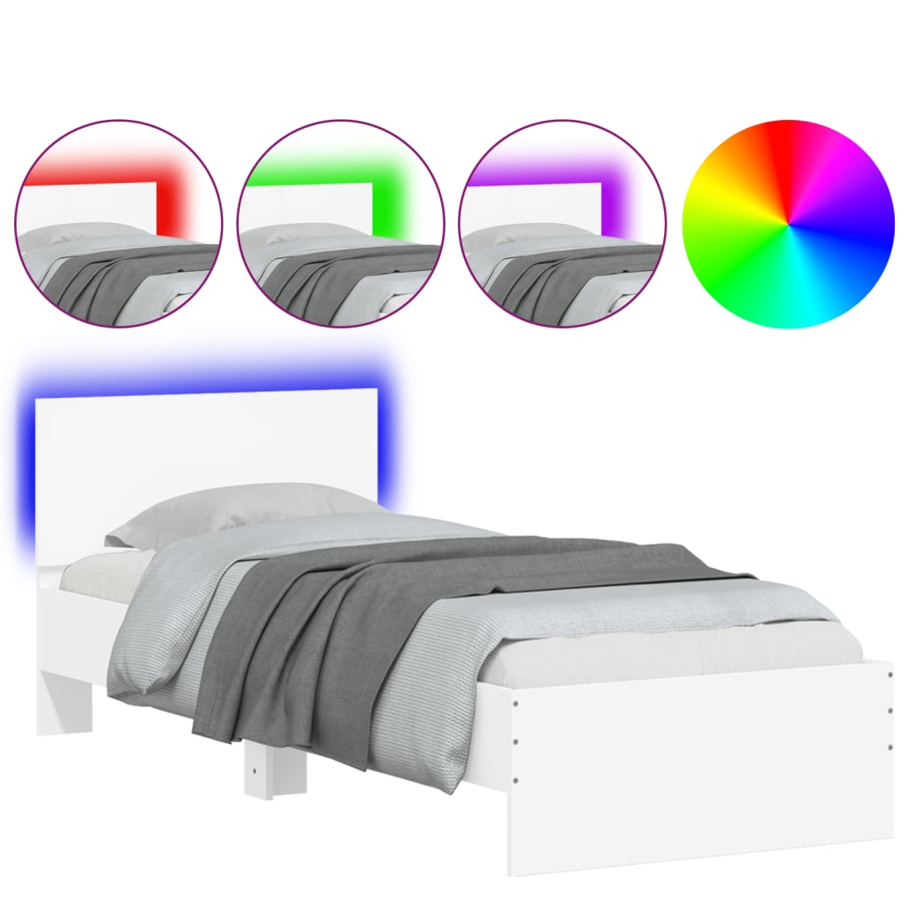 vidaXL Rama łóżka z wezgłowiem i LED, biała, 90x200 cm