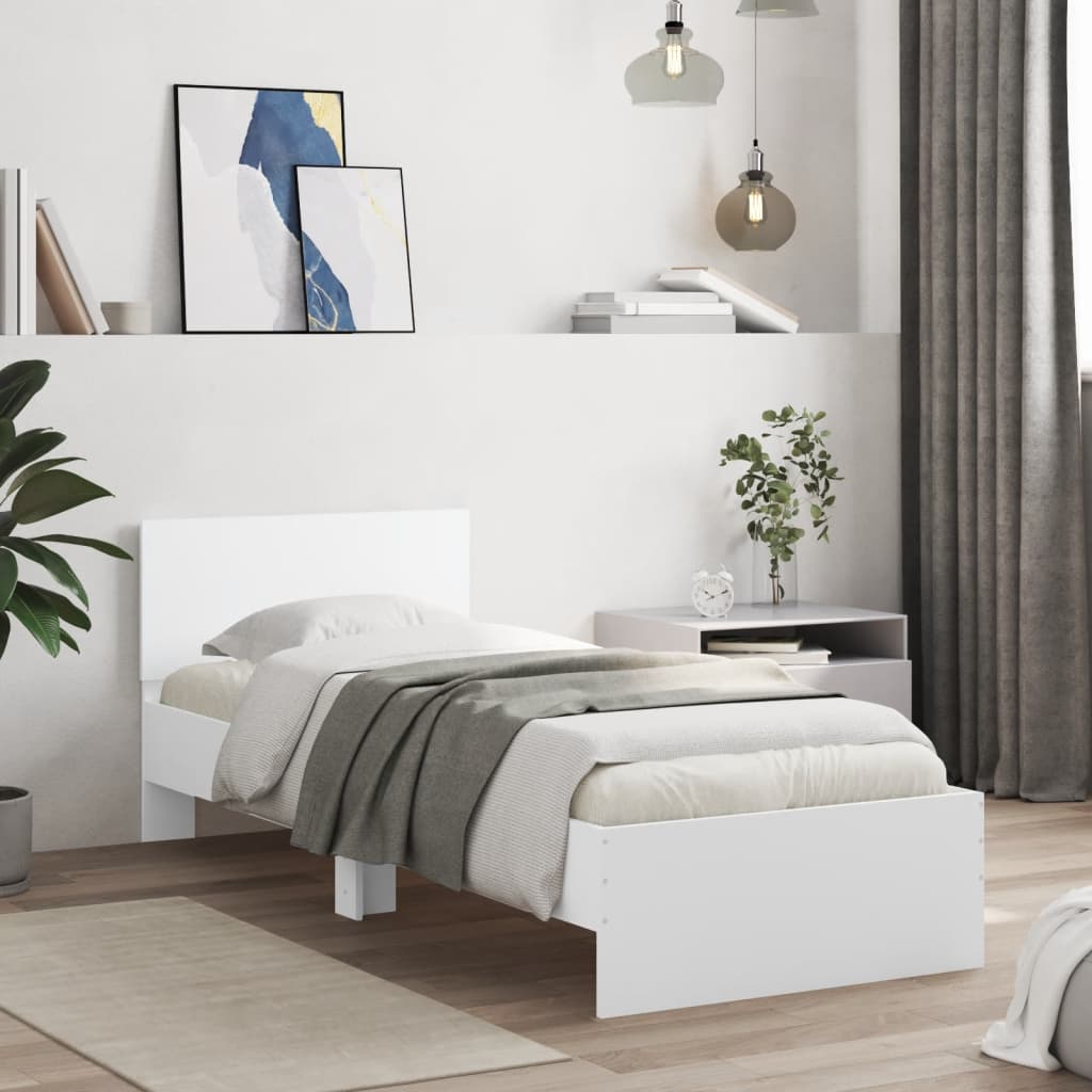 vidaXL Rama łóżka z wezgłowiem i LED, biała, 90x200 cm