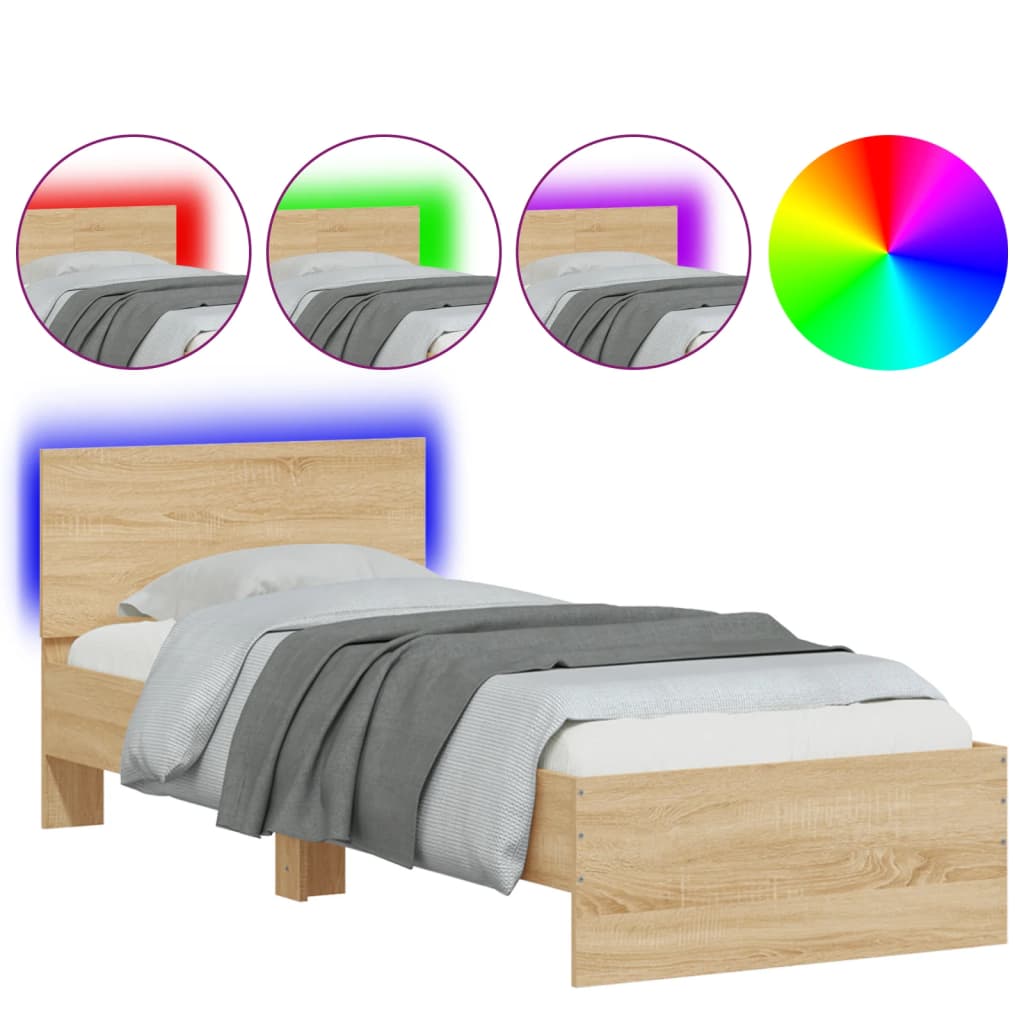 vidaXL Rama łóżka z wezgłowiem i LED, dąb sonoma, 90x200 cm