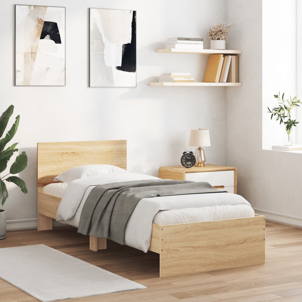 vidaXL Rama łóżka z wezgłowiem i LED, dąb sonoma, 90x200 cm