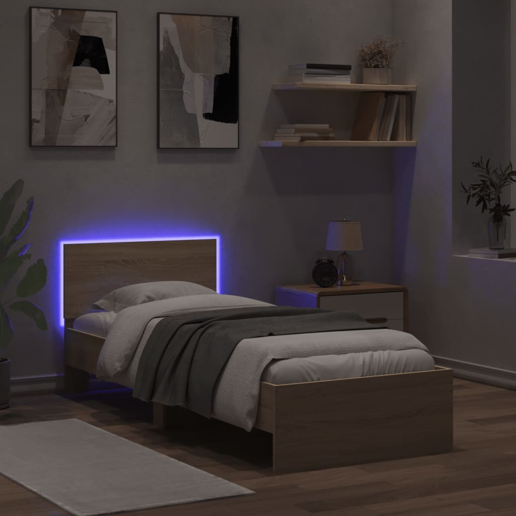 vidaXL Rama łóżka z wezgłowiem i LED, dąb sonoma, 90x200 cm