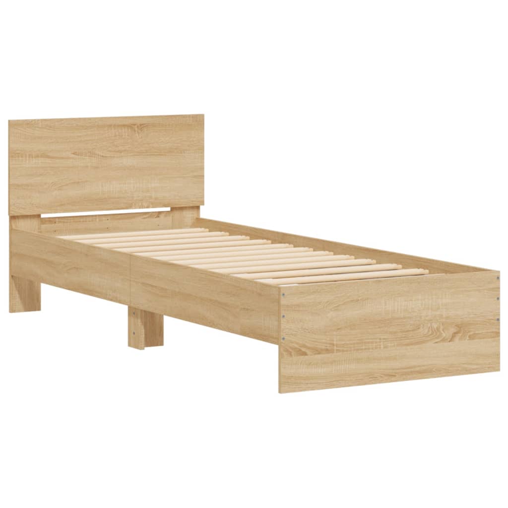 vidaXL Rama łóżka z wezgłowiem i LED, dąb sonoma, 90x200 cm