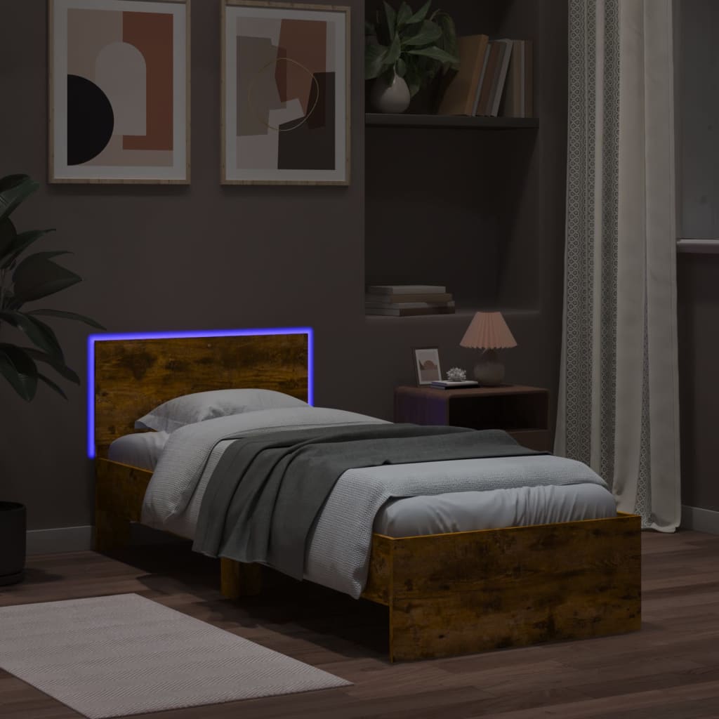 vidaXL Rama łóżka z wezgłowiem i LED, przydymiony dąb, 90x200 cm