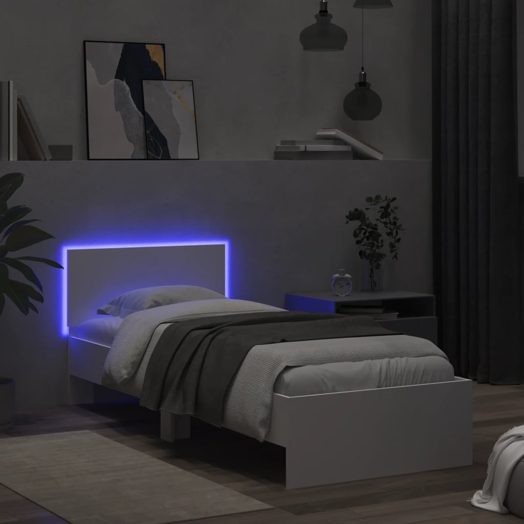 vidaXL Rama łóżka z wezgłowiem i LED, biała, 90x190 cm