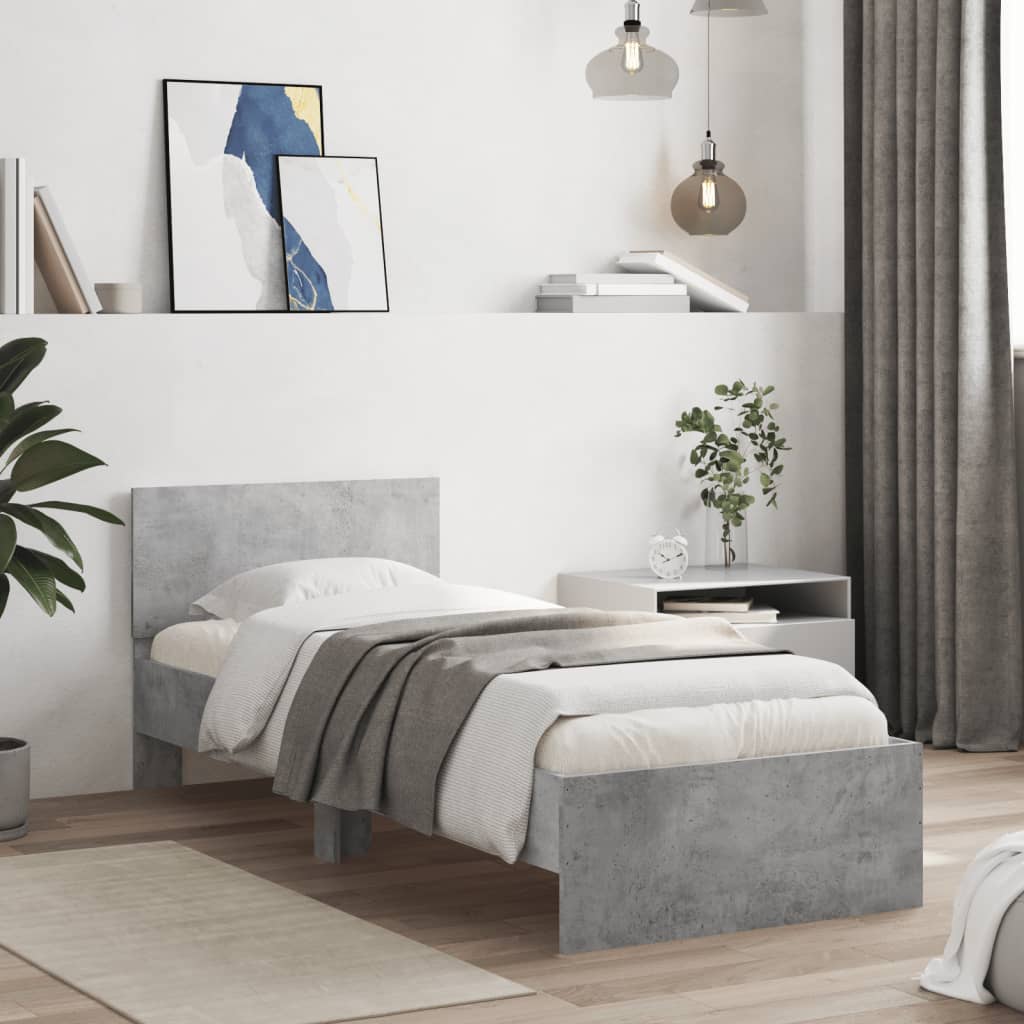 vidaXL Rama łóżka z wezgłowiem i LED, szarość betonu, 90x190 cm