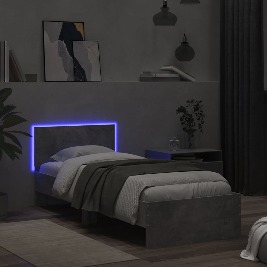 vidaXL Rama łóżka z wezgłowiem i LED, szarość betonu, 90x190 cm