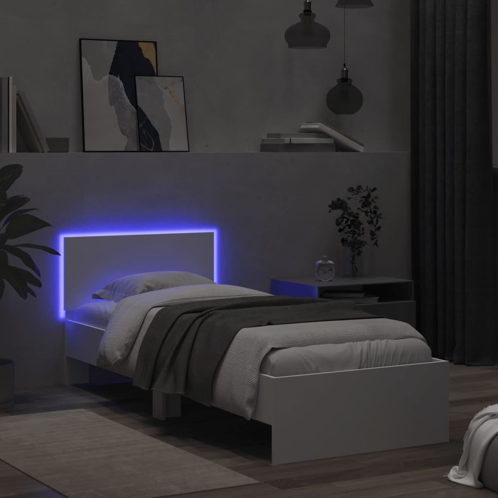 vidaXL Rama łóżka z wezgłowiem i LED, biała, 75x190 cm