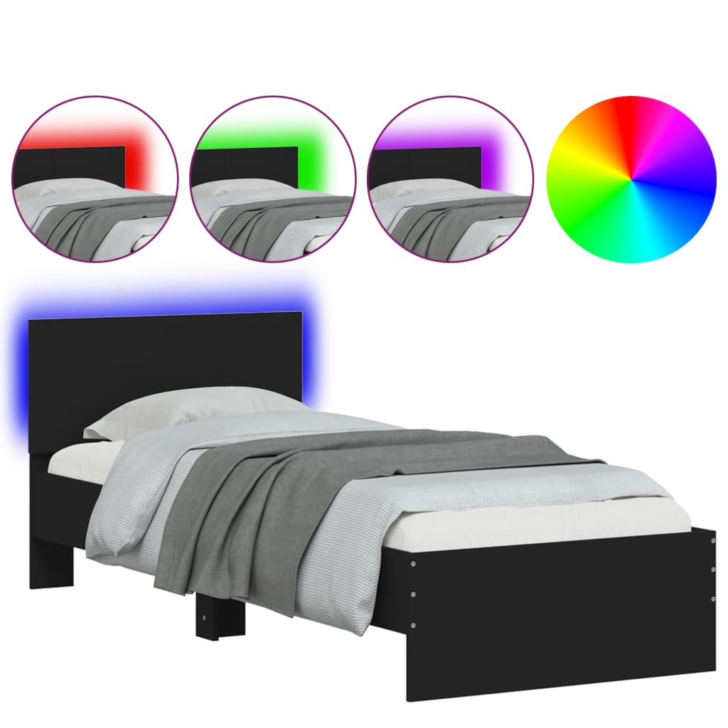 vidaXL Rama łóżka z wezgłowiem i LED, czarna, 75x190 cm