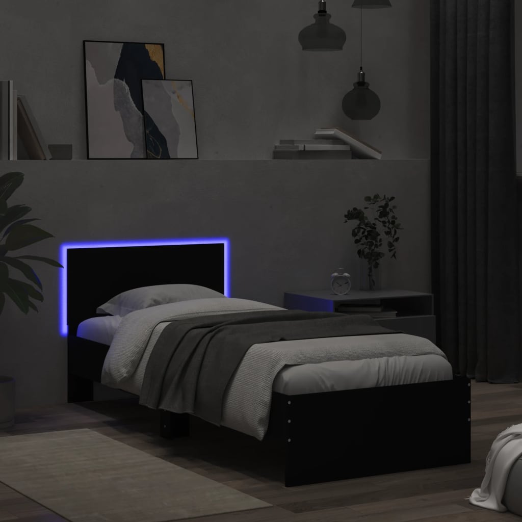 vidaXL Rama łóżka z wezgłowiem i LED, czarna, 75x190 cm