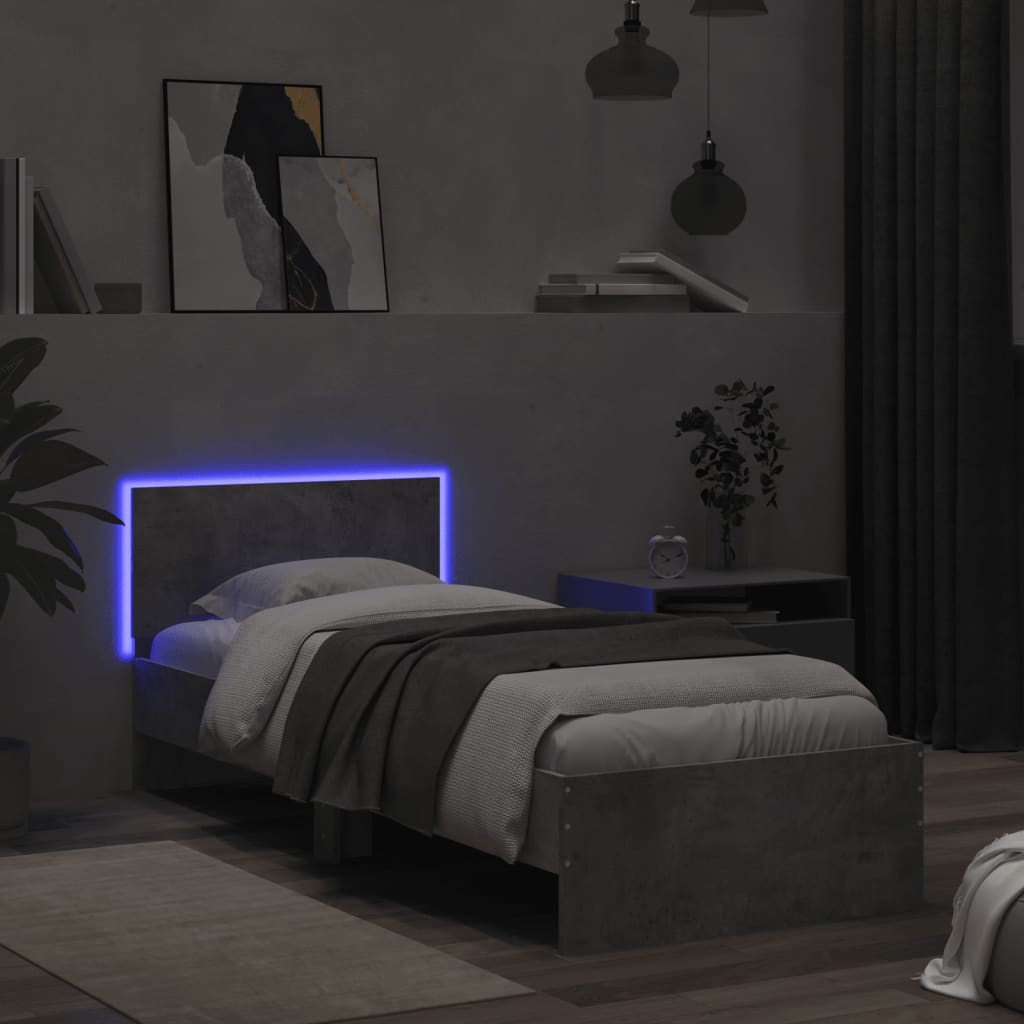 vidaXL Rama łóżka z wezgłowiem i LED, szarość betonu, 75x190 cm
