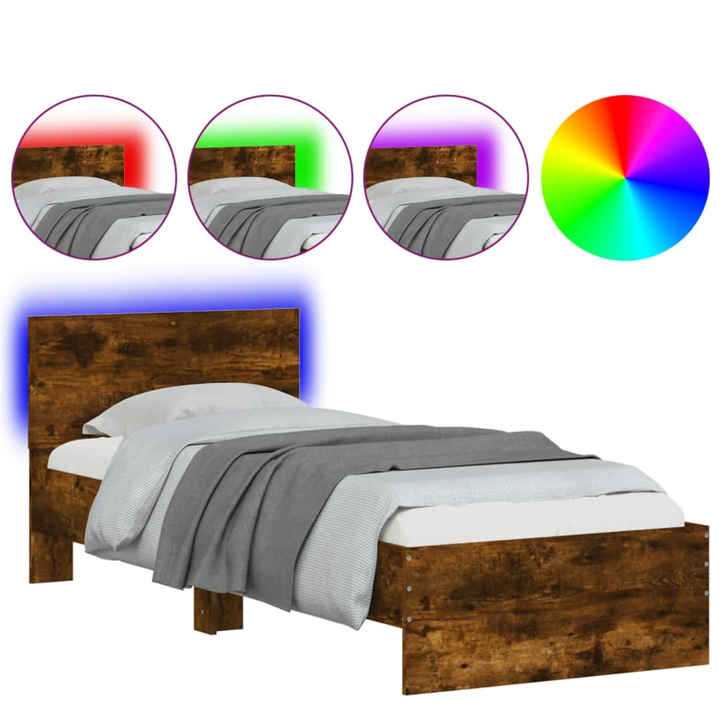 vidaXL Rama łóżka z wezgłowiem i LED, przydymiony dąb, 75x190 cm
