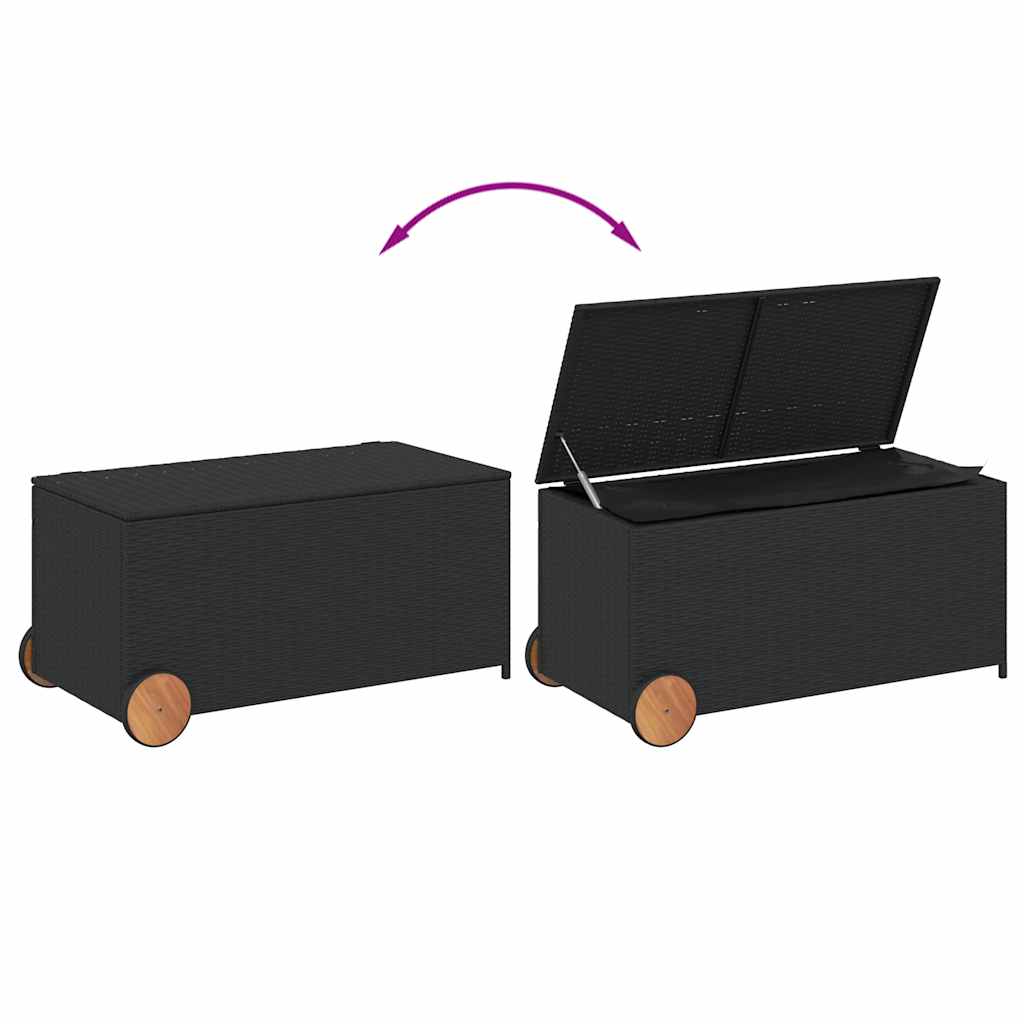 vidaXL Skrzynia ogrodowa z kółkami, czarna, 190 L, polirattan
