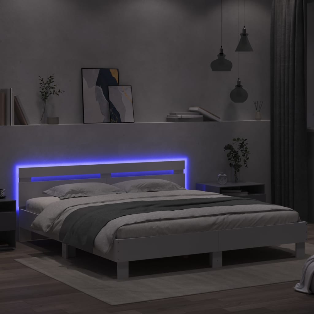 vidaXL Rama łóżka z wezgłowiem i LED, biała, 200x200 cm