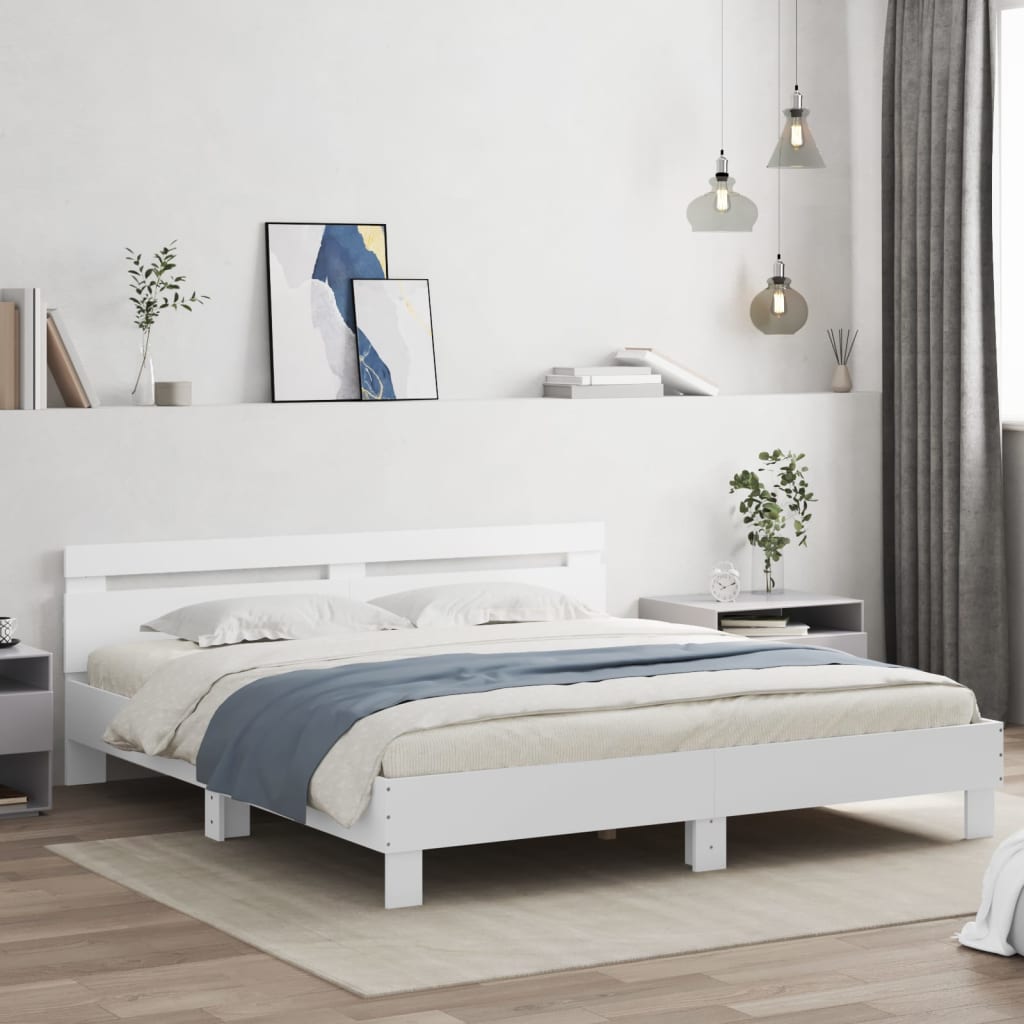vidaXL Rama łóżka z wezgłowiem i LED, biała, 200x200 cm