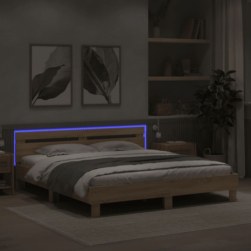 vidaXL Rama łóżka z wezgłowiem i LED, dąb sonoma, 200x200 cm