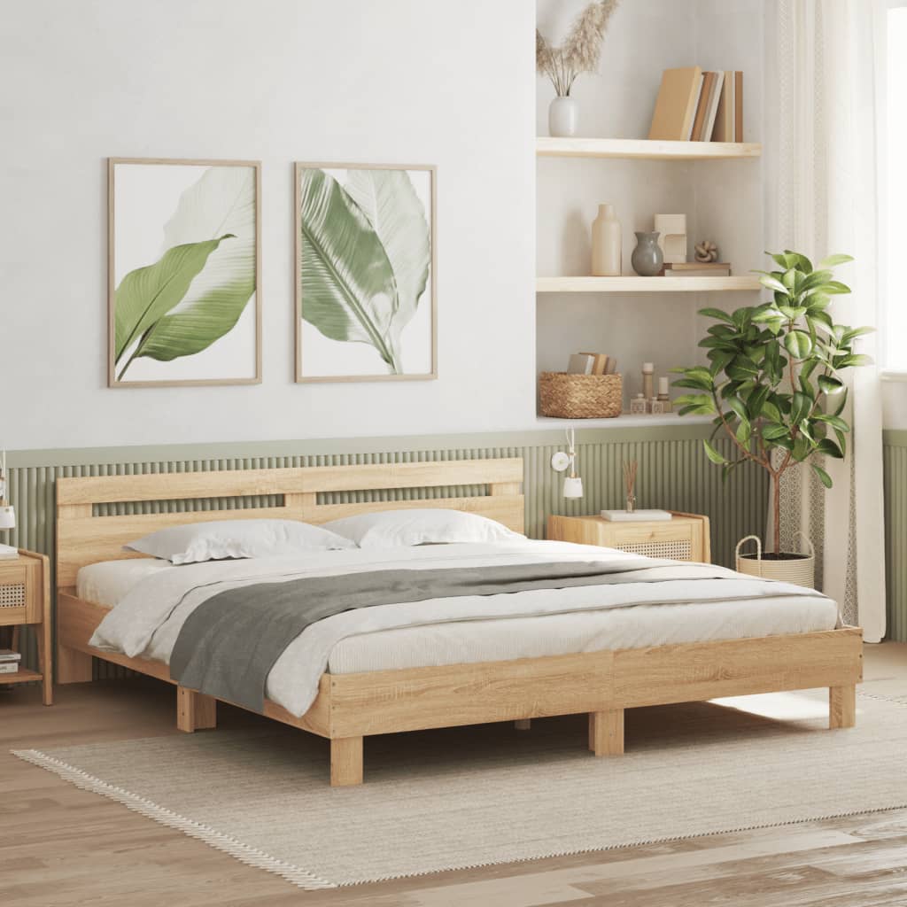 vidaXL Rama łóżka z wezgłowiem i LED, dąb sonoma, 200x200 cm