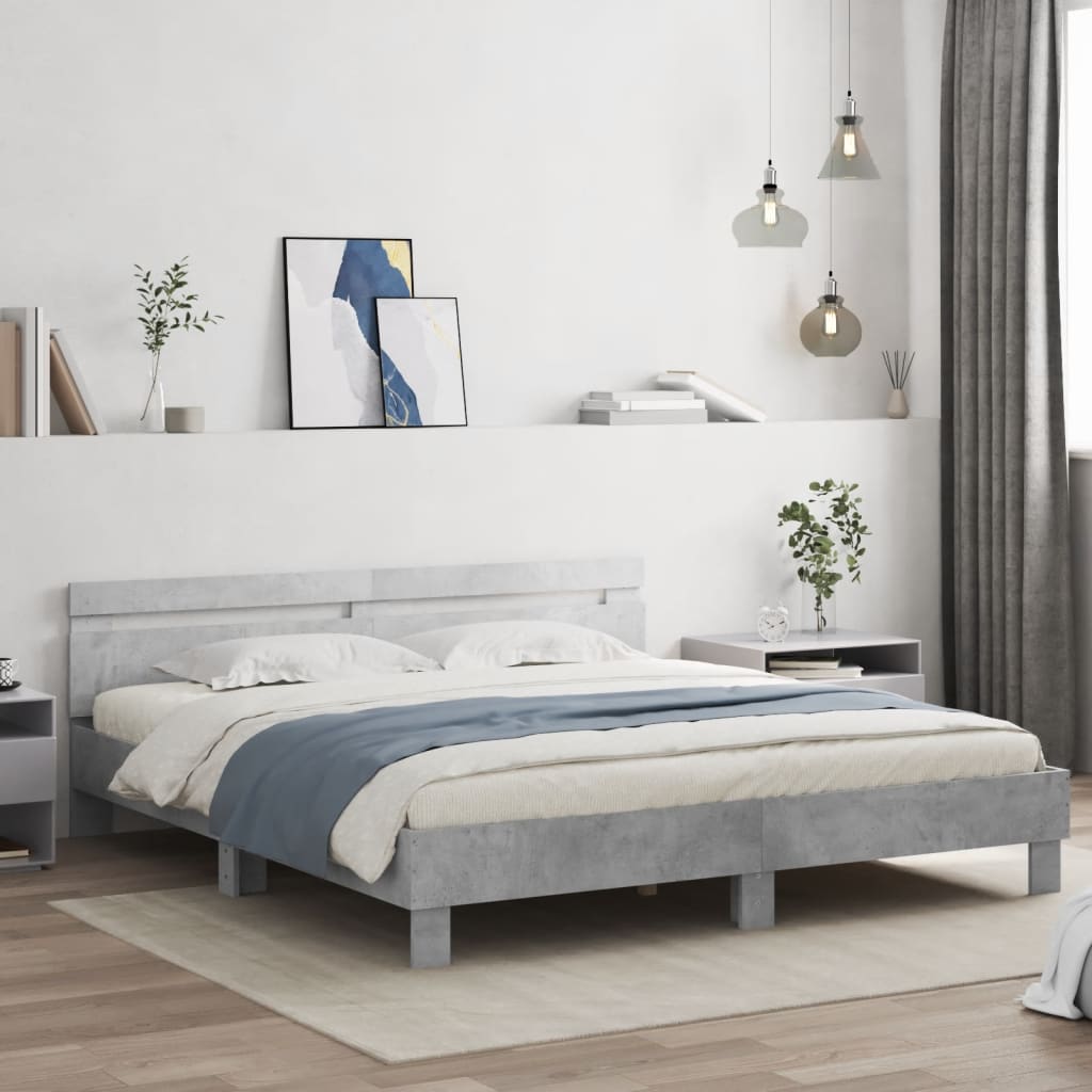 vidaXL Rama łóżka z wezgłowiem i LED, szarość betonu, 200x200 cm