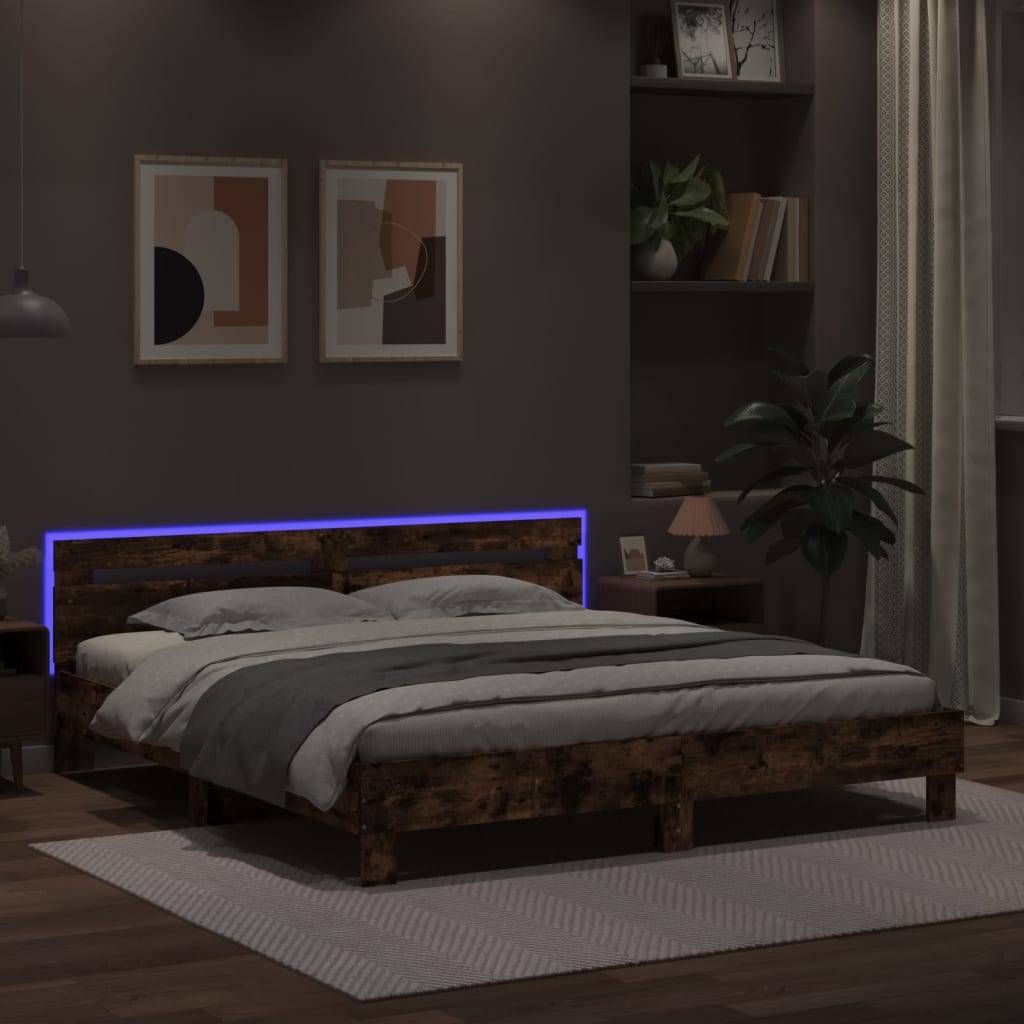 vidaXL Rama łóżka z wezgłowiem i LED, przydymiony dąb, 200x200 cm