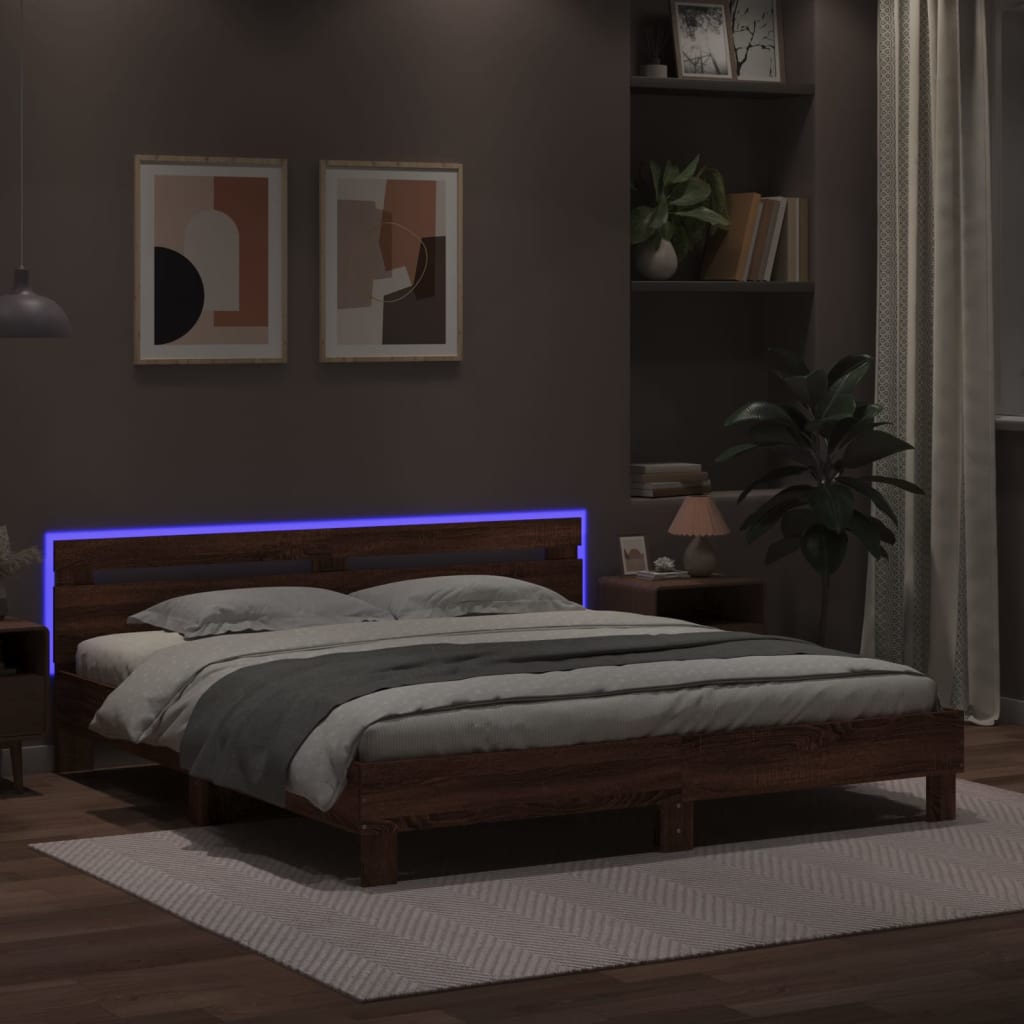 vidaXL Rama łóżka z wezgłowiem i LED, brązowy dąb, 200x200 cm